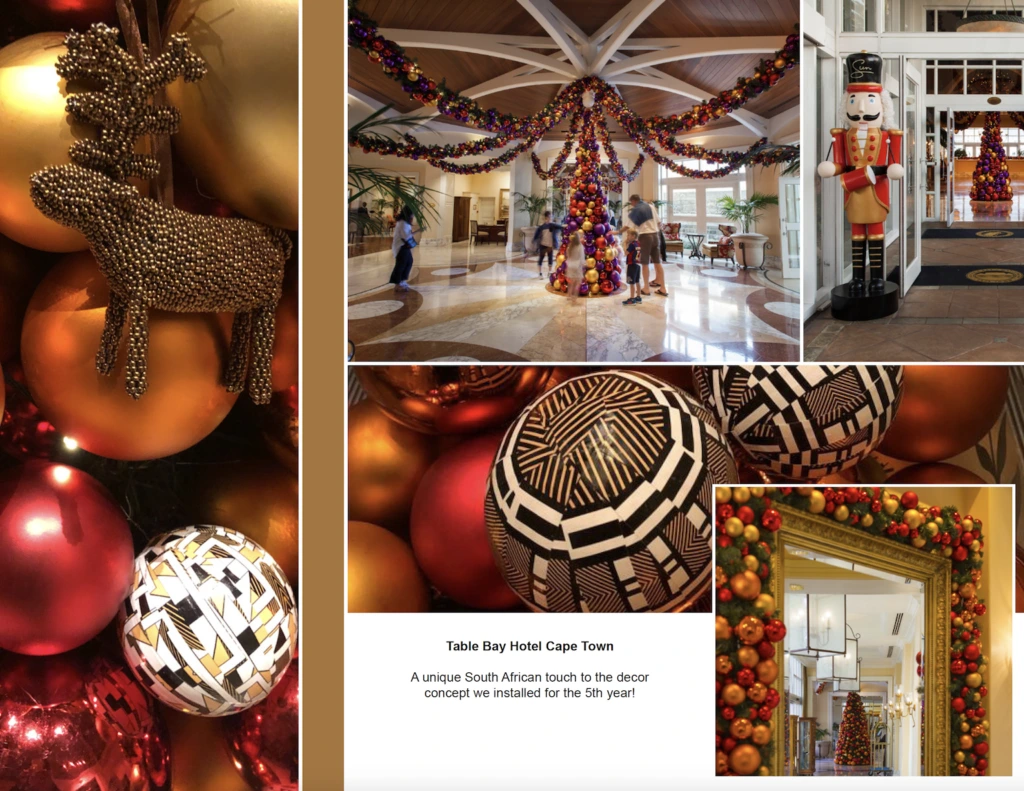 Exclusive Christmas installation at Table Bay Hotel Cape Town featuring bespoke festive decor with African-inspired ornaments, luxury garlands, and artistic nutcracker displays.