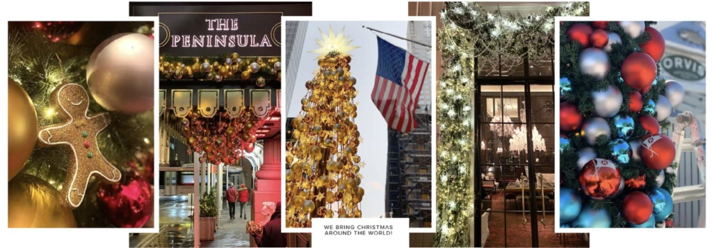 Global luxury Christmas decor concept at The Peninsula Hotels with premium festive ornaments and trees.