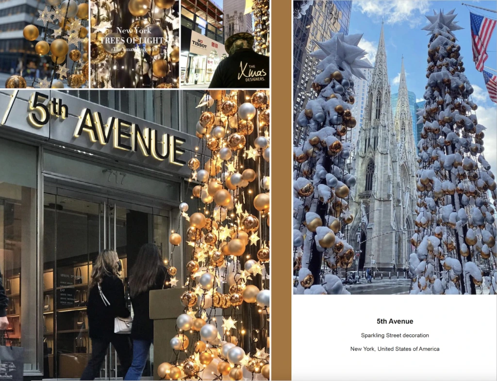Luxury Christmas decor on 5th Avenue New York featuring sparkling golden street trees, festive lights, and elegant holiday installations with snow-covered ornaments.