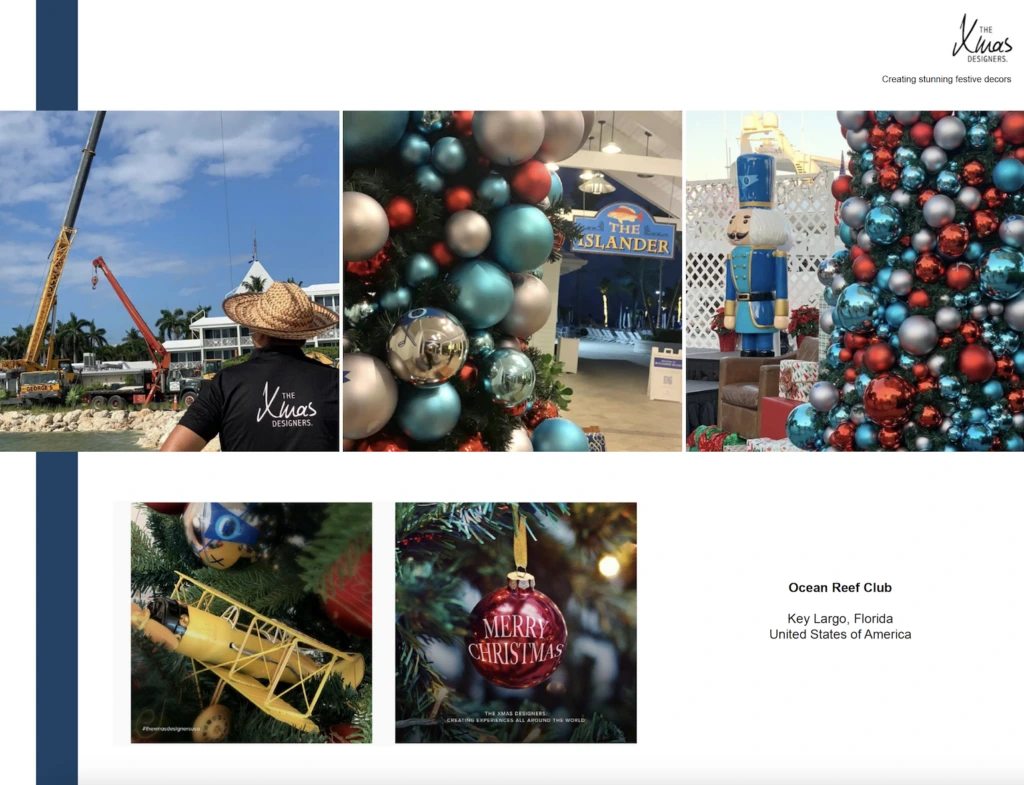 Premium Christmas decor at Ocean Reef Club Florida featuring premium blue, silver, and red ornaments, nutcracker statue, and festive holiday installations.
