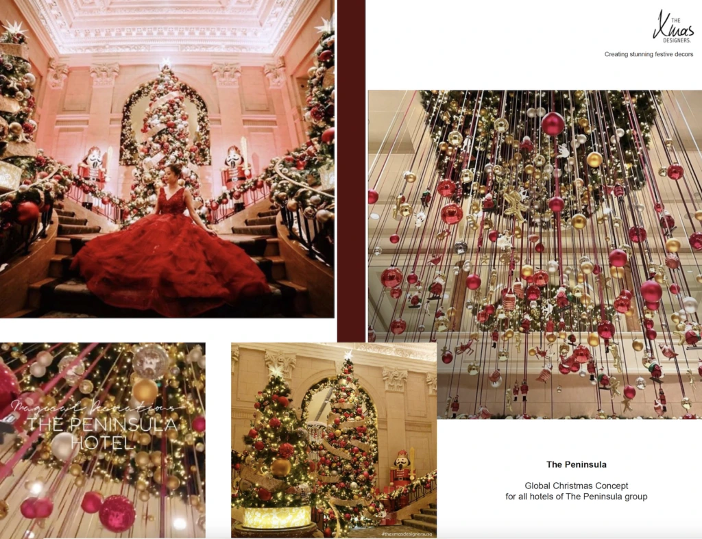 Customized Christmas decor at The Peninsula Hotel featuring grand festive tree, red and gold ornaments, chandelier holiday installation, and premium hotel decorations.