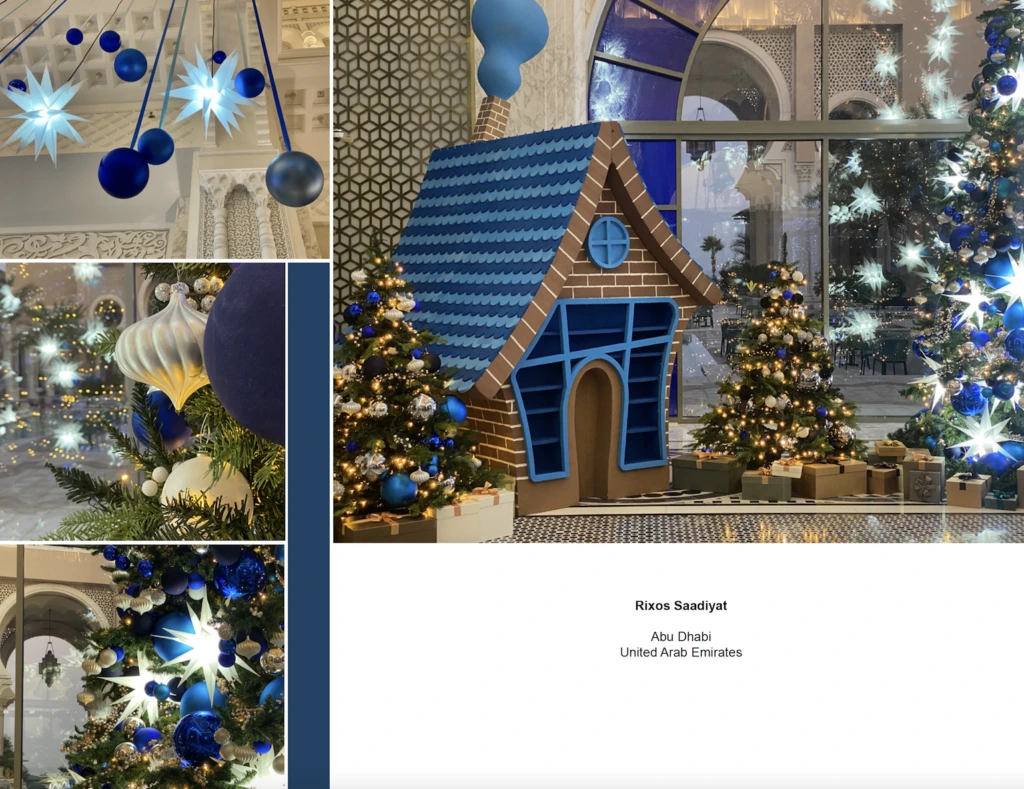 Premium Christmas decor at Rixos Saadiyat Abu Dhabi with luxury blue and gold ornaments, festive holiday trees, glowing star lights, and a decorative gingerbread house.